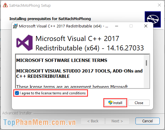 Nhấn Install để cài đặt Visual C++ hỗ trợ cho phần mềm thi mô phỏng